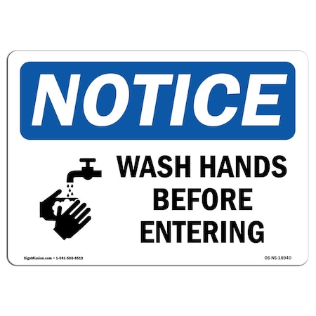Signmission OSHA Sign, Wash Hands Before Entering With, 5in X 3.5in Decal, 10PK, 3.5" W, 5" L, Landscape, PK10 OS-NS-D-35-L-18940-10PK
